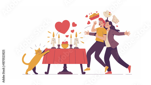Romantic Scene Illustration: A romantic illustration with two figures embracing with floating objects such as a heart and food, a cat pawing on a table.