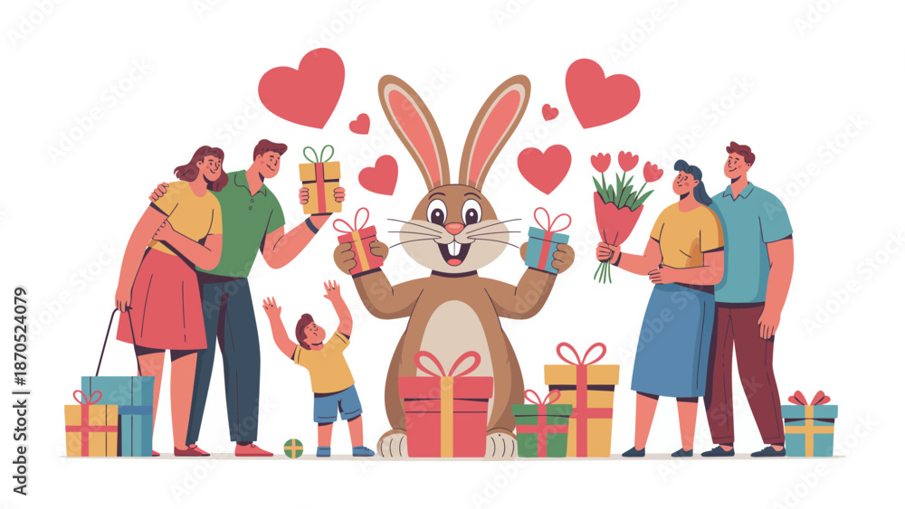 Obraz premium Easter Family Festivity: A heartwarming illustration of a family celebrating Easter with a joyful bunny amidst gifts and flowers. It is the perfect illustration for springtime, family gatherings.