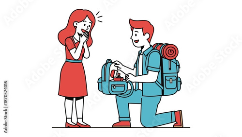 A Propose on The Road: a man offers a beautiful red-haired woman a gift on the road while traveling. expressing a moment of a surprise and romance. 