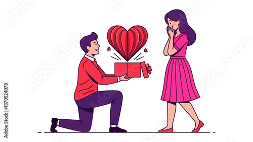 Love's Unveiling: A man on bended knee presents a heart-shaped gift to a captivated woman. A gesture symbolizing love, surprise, and the promise of a future together.