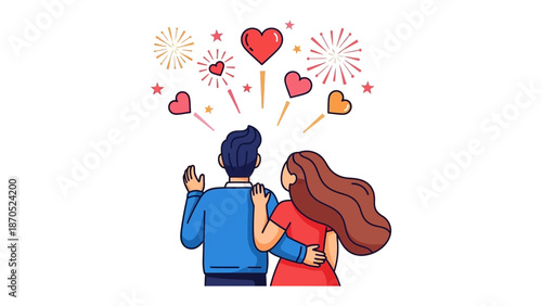 Love and Fireworks: A tender moment as a couple embraces, gazing at a vibrant display of fireworks blossoming into heart-shaped bursts of color, celebrating love and togetherness.