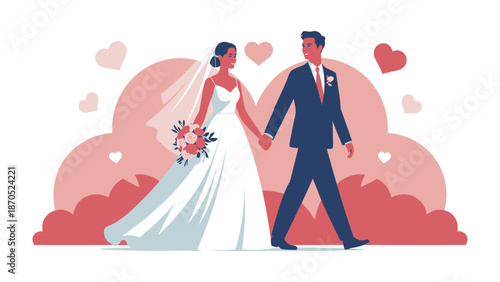 Eternal Bond: A couple embarks on a shared journey of love and commitment, walking hand-in-hand towards a future filled with joy and promise, symbolized by romantic hearts and tender embraces.