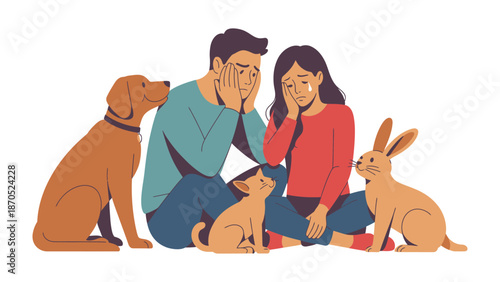 Grief and Comfort: A tender moment as a couple, overwhelmed by sadness, finds solace in the presence of their beloved pets. This illustration conveys empathy, support.