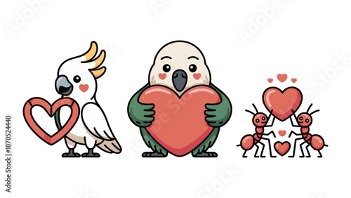 Love's Petite Messengers: Cute avian and insect characters, each embracing a heartfelt symbol, radiate affection, symbolizing love's universality and connection in a charming composition.