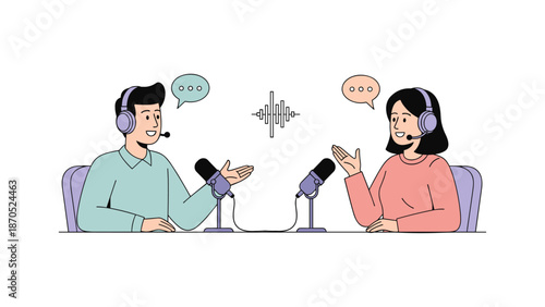 Podcast Interview Illustration. Podcasting, Streaming, Broadcasting, and Digital Media Content