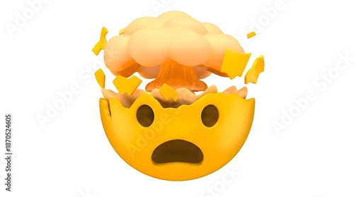 Exploding head emoji with mushroom cloud,shocked face expression,surprise reaction,conceptual 3D render of overwhelmed feeling,emotional overload and mind blown metaphor