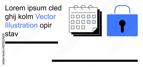 Data privacy, scheduling, access control, encryption, organization, digital management. Calendar icon and padlock. Data privacy and scheduling in security and time management context