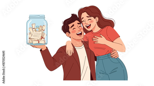Couple's Dream Jar: A couple embraces, sharing laughter and affection. One holds a jar filled with dreams, embodying aspirations and shared joy. A visualization of togetherness and love's foundation.