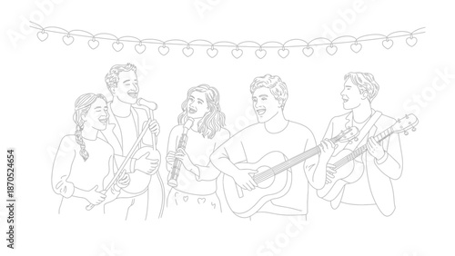 Harmonious Performance: A musical ensemble shares their joy through melodic instruments under the string lights.