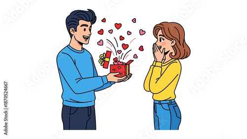 A Gift of Love: A heartfelt illustration showcases a man presenting a red gift box overflowing with heart-shaped symbols of affection to a delighted woman.