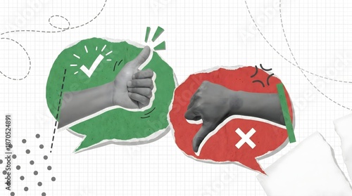 Thumbs up and thumbs down icons,approval and rejection symbol,feedback expression,green and red message bubbles,opinion rating,like and dislike flat design concept