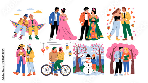 A Tapestry of Affection: A visual symphony of diverse couples, each couple is embracing different settings, conveying a sense of unity and togetherness through the seasons.
