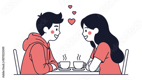 Date Delight: Two people share an intimate moment, their eyes locked in mutual affection, as they sit across a table adorned with two cups of steaming beverage. It's a scene of budding romance.