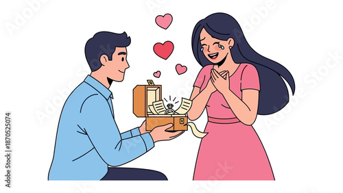 Cherished Moment of Proposal: A heartwarming illustration captures a man on bended knee, presenting a ring to the woman he loves, surrounded by the symbolic glow of love hearts.