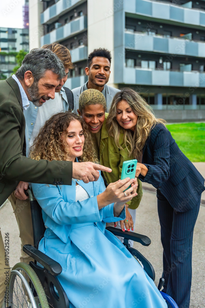 Fototapeta premium Diverse business colleagues reviewing content on mobile phone