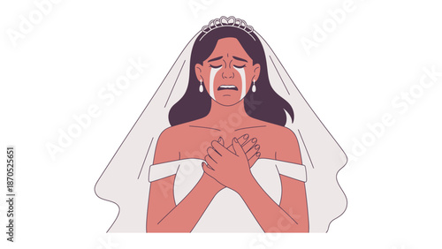 A bride overwhelmed with emotion, shedding tears of sadness or joy, clutching her chest in a gesture of deep feeling.