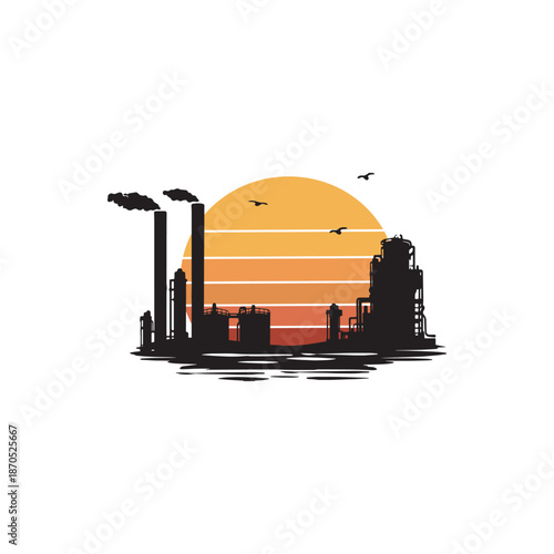 Factory landscape and orange sunset vector silhouette