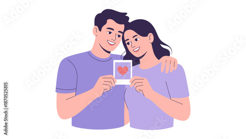 Love and Remembrance: A couple shares a moment, holding a photo with a heart symbolizing their love, illustrating the beauty of shared memories and affection.