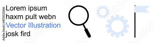 Search optimization, goal achievement, business strategy, research, productivity, brainstorming. Minimal magnifying glass, gears and a flag. Search optimization and goal achievement concept