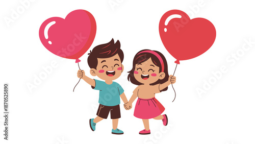 Heartfelt Joy: Two cute children, hands intertwined, celebrate love with heart-shaped balloons, symbolizing the pure joy and innocence of childhood romance.