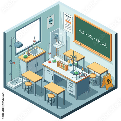 Laboratory Setting with Equipment and Chalkboard.