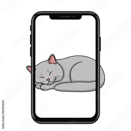A cartoon cat sleeps on a smartphone screen