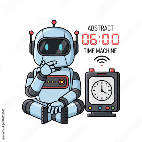 A robot sitting next to a clock with a time machine