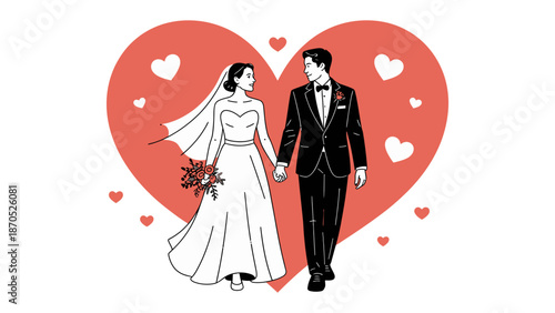 Wedding couple in love: A tender illustration depicts a couple, hand-in-hand, their gaze locked in mutual love, framed within a heart, symbolizing the union and beginning of their shared journey.