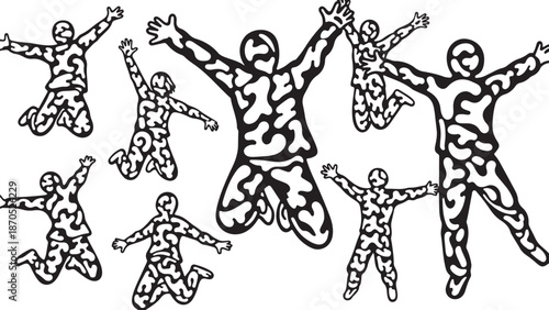 Stylized illustration of people jumping in the air together