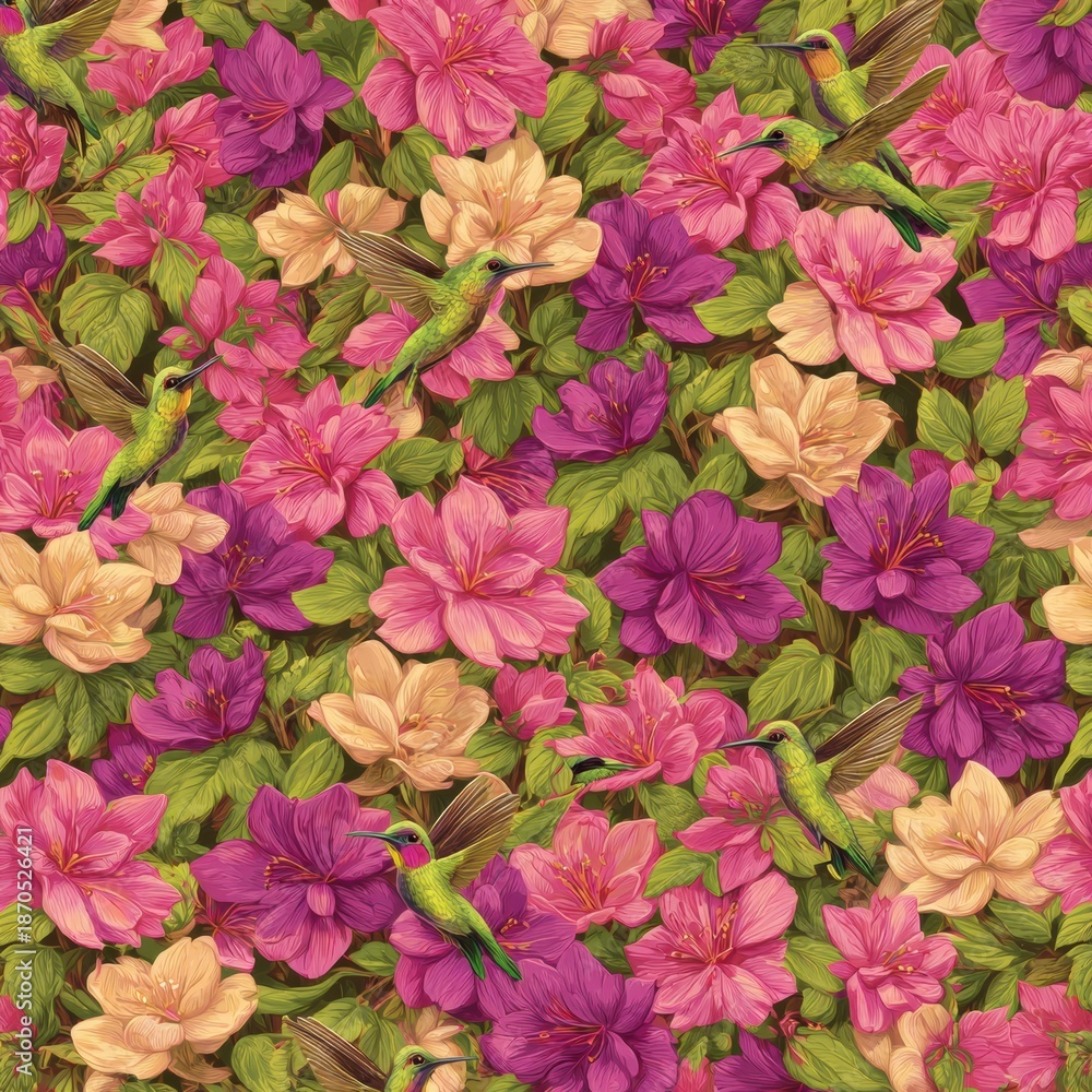 Naklejka premium Seamless Pattern of Colorful Hummingbirds and Flowers in Vibrant Pinks and Greens for Childrens Designs