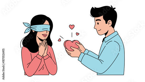 Blindfolded with a Heartfelt Gift: A moment of romance unfolds as a blindfolded individual, anticipating the surprise of love.