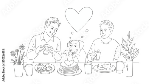Love and Breakfast: Two men and a dog share a heartwarming breakfast, the scene evokes a sense of comfort and affection with a symbol of love above them.