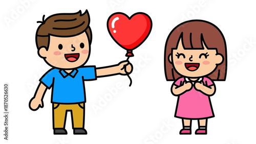 Love's Sweet Gesture: A delightful illustration of a young man presenting a heart-shaped balloon to a cheerful young woman, encapsulating the essence of love and affection.