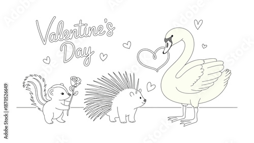 Valentine's Day Line Art: A charming illustration depicts a squirrel offering a rose, a hedgehog, and a graceful swan, surrounded by hearts and the words Valentine's Day.