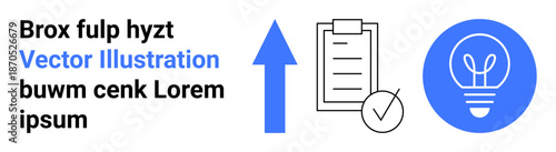 Productivity, innovation, planning, growth, workflow, organization. An arrow, checklist with a checkmark and a lightbulb symbol. Productivity and innovation concepts are highlighted