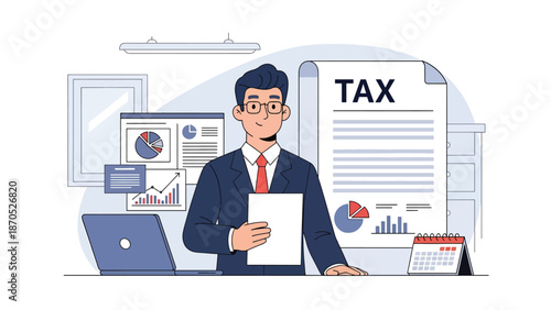 Flat vector illustration of a professional accountant reviewing tax documents in a modern office, representing annual tax preparation, financial planning, compliance, and business accounting concepts