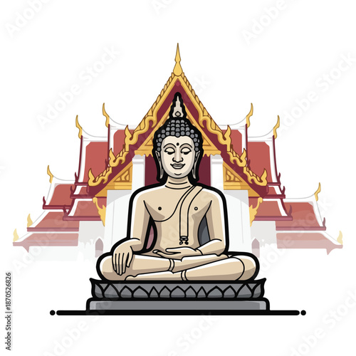 A serene Buddha statue sits before a Thai temple