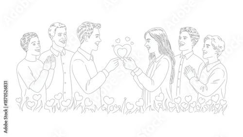 Harmony of Hearts: A line drawing captures the blossoming of love, two figures connected by a heart shaped symbol and surrounded by gentle spectators and the blossoming of floral beauty.