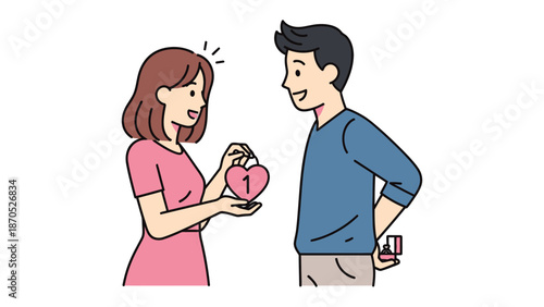Heartfelt Moment: A loving couple in a cherished moment, the woman presents a heart-shaped object to her partner, the air thick with love and anticipation, while the man holds a ring case.