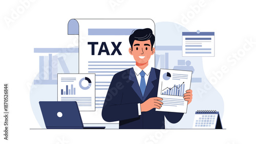 Flat vector illustration of a professional accountant reviewing tax documents in a modern office, representing annual tax preparation, financial planning, compliance, and business accounting concepts