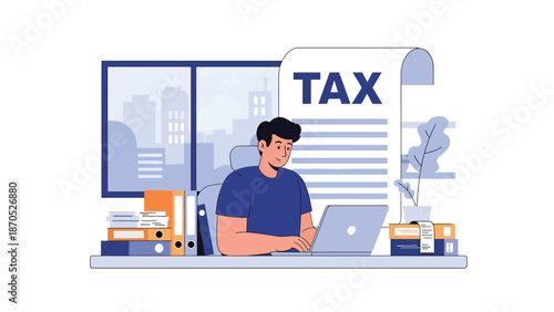 Vector illustration of a small business owner preparing tax paperwork at a home office, showing entrepreneurship, bookkeeping, financial responsibility, and annual tax filing activities