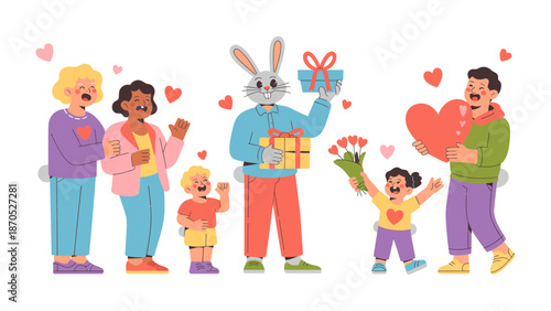 Celebration of Affection: A heartwarming illustration showing a group of figures sharing gifts and expressing love with hearts as symbol. a family exchanging gifts and displaying affection.