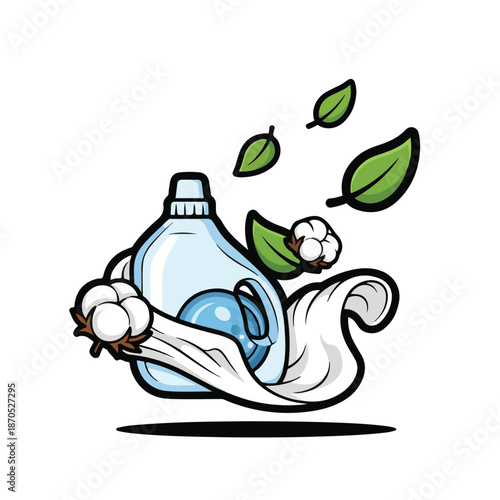 A cartoon detergent bottle with fabric, cotton, and leaves