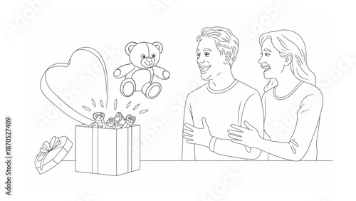 Gift of Love and Joy: A loving couple shares a moment of delight as a gift box unveils a teddy bear and heart, symbolizing affection and togetherness.