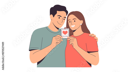 Eternal Bond of Love: A couple, bound by an unwavering embrace, holds a card marked with a heart, symbolizing their everlasting affection and the radiant glow of their emotions.