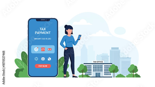 Flat vector illustration of mobile tax payment app with people using smartphone near tax office, representing digital tax payment, online finance services, compliance, and modern accounting technology