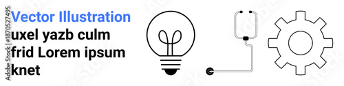 Innovation, healthcare, technology, process management, ideas, systems thinking. Lightbulb, IV drip and gear icons in a clean layout. Innovation and healthcare concepts illustrated