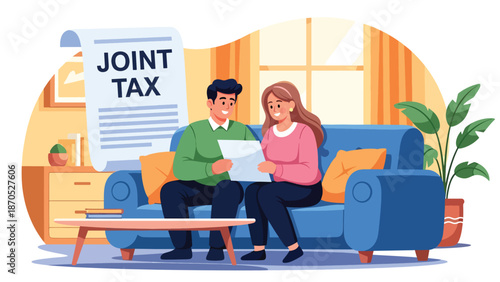 Flat vector illustration of a couple reviewing joint tax documents at home, representing shared financial planning, joint tax filing, household budgeting, compliance, and personal finance management