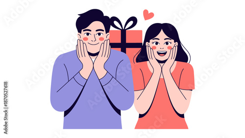 Gift of Happiness: A couple shares a moment of pure joy as they unveil a thoughtfully wrapped gift, symbolizing love and appreciation. Capturing the sweetness of the moment.