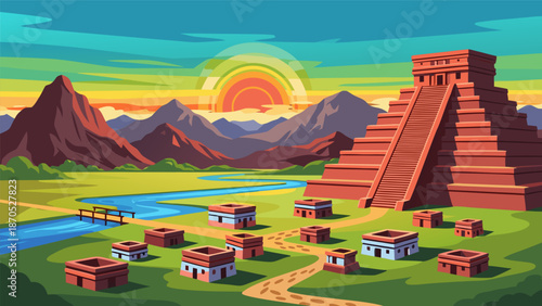 Ancient Mayan Pyramid and Village Scene vector illustration with a vibrant sunrise over distant mountains, depicting a historical landscape